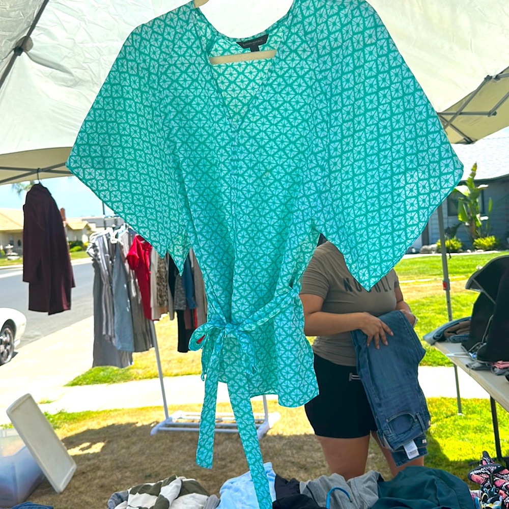Teal and white blouse